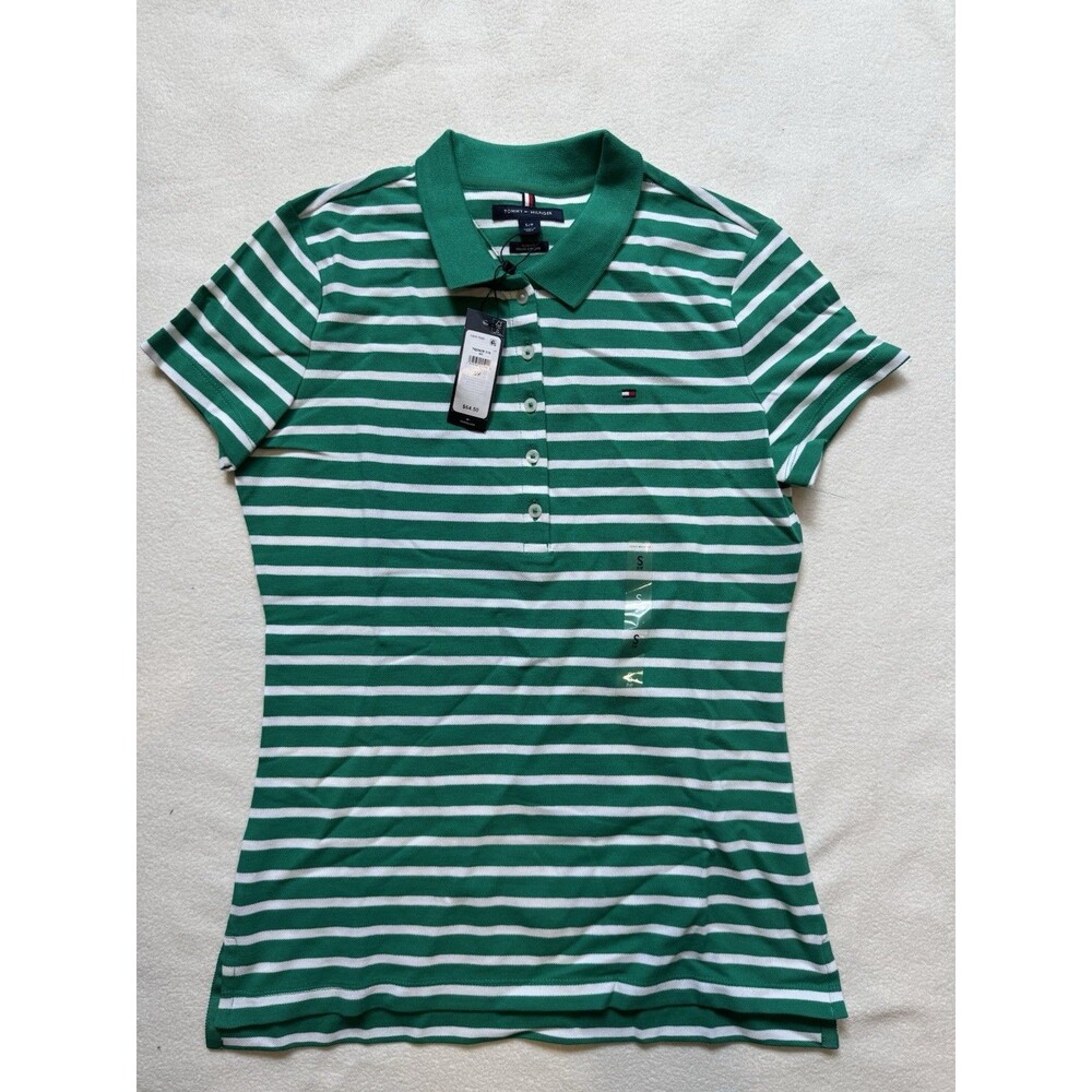 Tommy Hilfiger Women’s Polo Shirt Slim Fit Striped Green Size Small